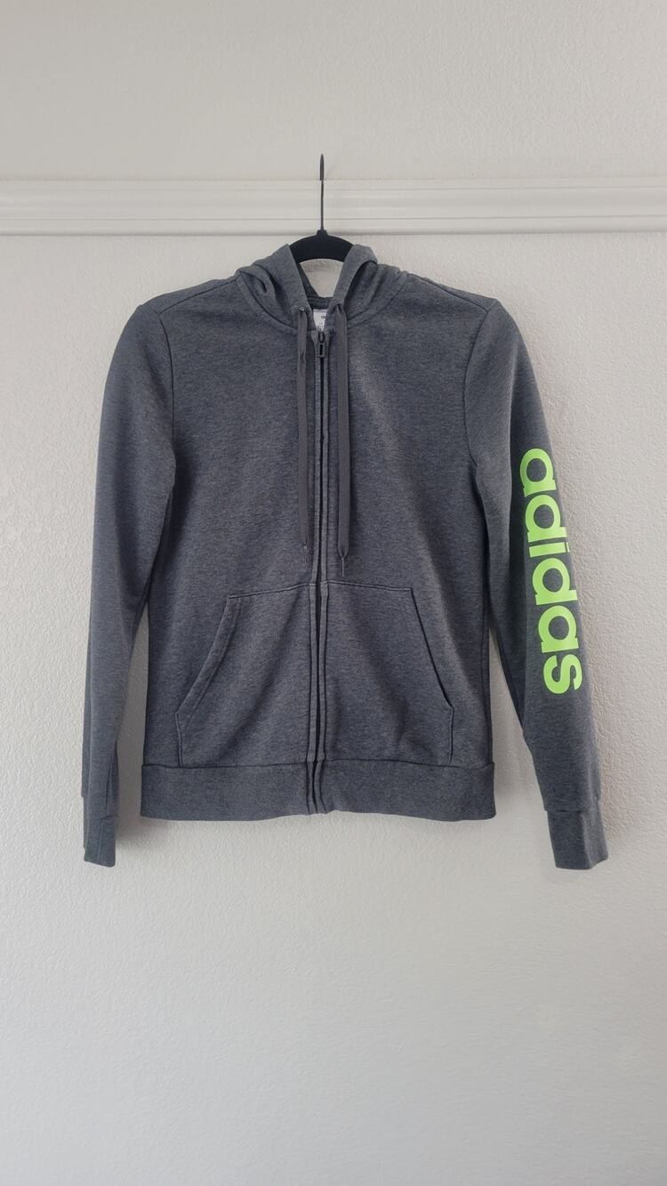 Adidas Women’s Small Gray Full Zip Hoodie Neon Green Logo Sweatshirt